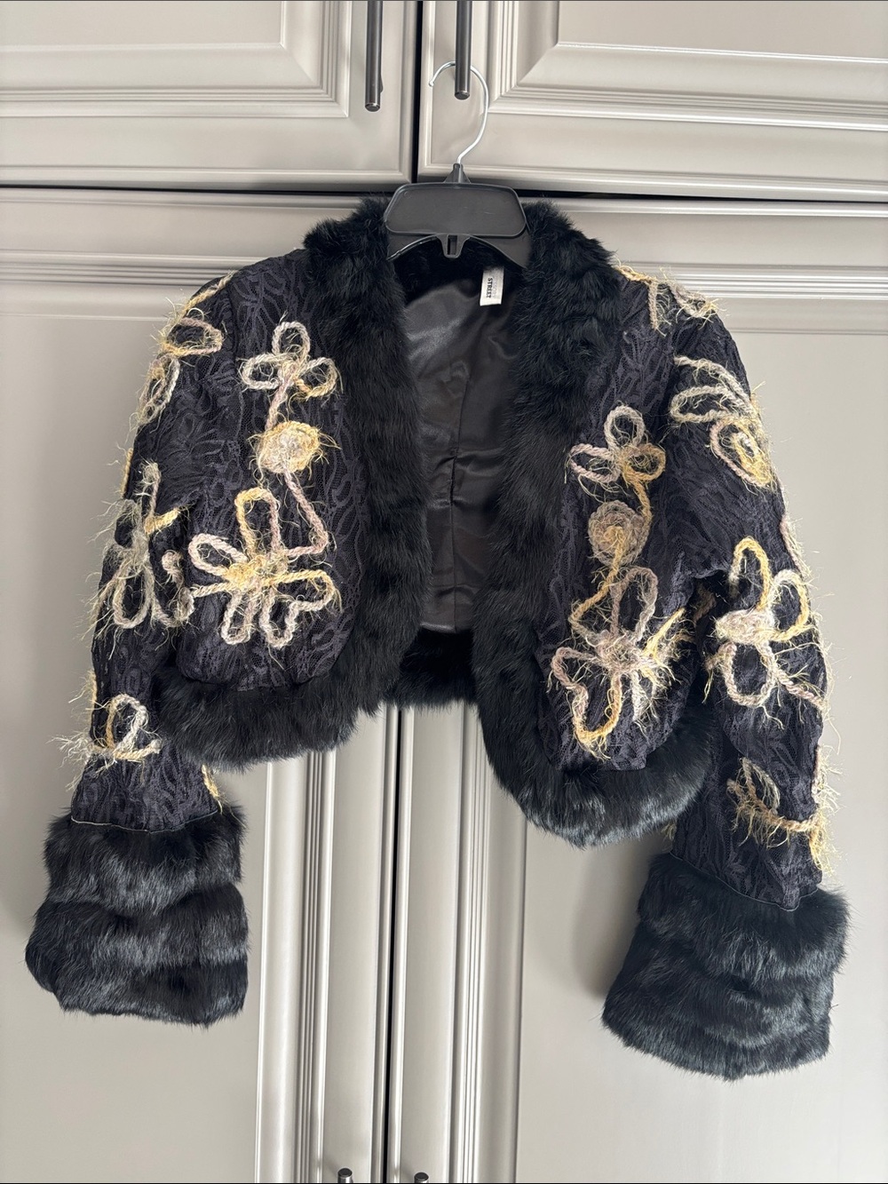 Black Faux Fur Embellished Cropped Jacket